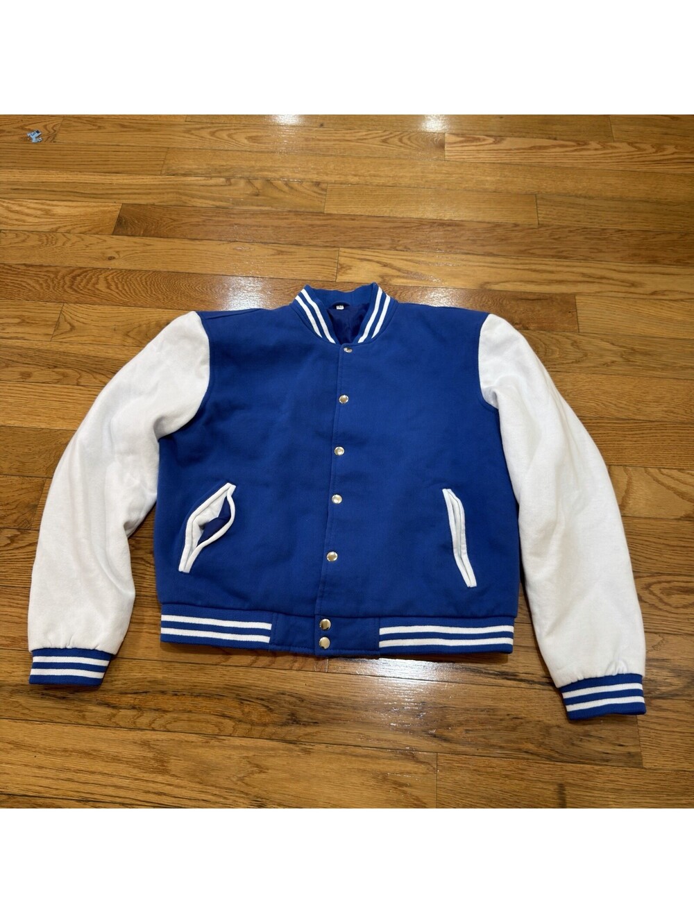 Size L Kids Blue White Varsity Letterman Jacket Snap  Fleece Youth Unbranded